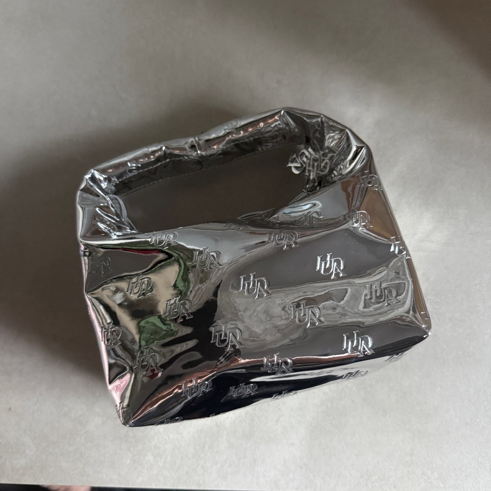 Huda Beauty Metallic Silver Makeup Bag Logo Zipper Pouch New